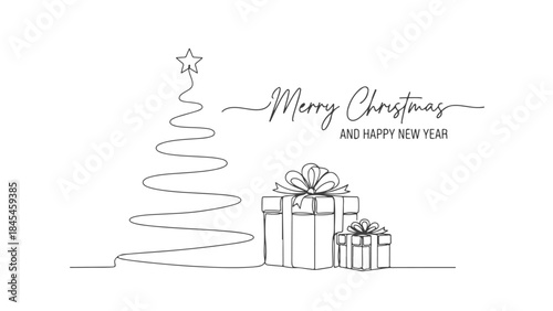 A continuous line art drawing of a Christmas tree with a star and two gift boxes, accompanied by "Merry Christmas AND HAPPY NEW YEAR" text on a white background.
