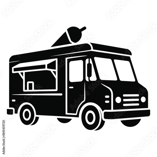 Front view black silhouette of a food truck with an ice cream cone on top, depicting a popular mobile street food vendor on a transparent background