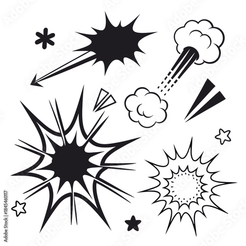 Set of Black and White Vector Comic Book Explosion, Burst, and Sound Effect Elements