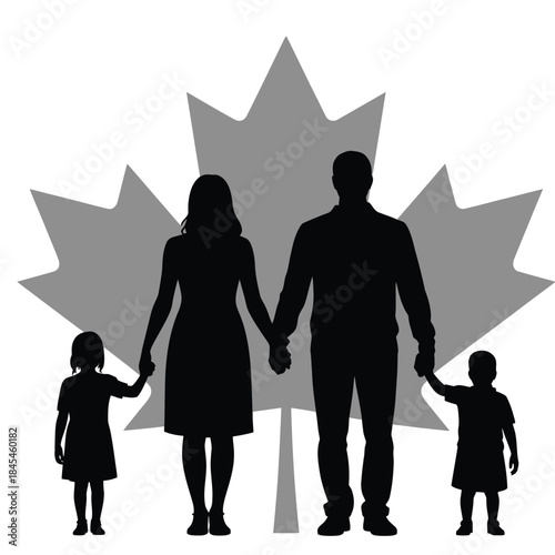 Happy canadian family holding hands standing together in front of a maple leaf symbol representing unity love and national pride
