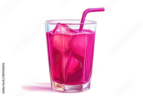 Refreshing glass filled with vibrant pink beverage and ice cubes in a clear glass