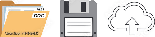 A set of three data storage icons (folder, floppy disk, cloud), symbolizing the evolution of information. The concept of digitalization and copyright issues in the AI/neural network environment.
