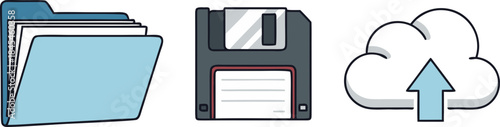 A set of three data storage icons (folder, floppy disk, cloud), symbolizing the evolution of information. The concept of digitalization and copyright issues in the AI/neural network environment.