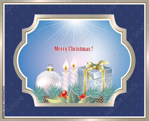 Merry Christmas 2026. Greeting card with gift box, candles and Christmas tree ball in figured frame. Holiday background is decorated with fir branches and rowan berries. Vector illustration