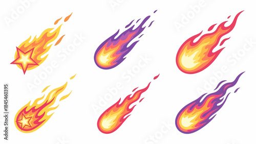 Collection of vibrant cosmic elements featuring stylized falling meteors, comets, and fiery star trails, ideal for space-themed graphic designs and digital assets