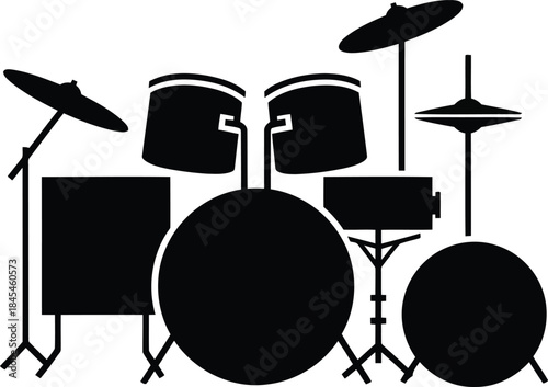 Black silhouette of a drum kit with cymbals and stands