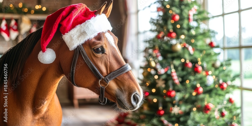 Fototapeta premium Charming Horse in Santa Hat Surrounded by Colorful Christmas Tree for a Festive Holiday Celebration