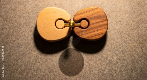 Business Collaboration and Strategic Partnership Concept Two Interlocking Wooden Puzzle Pieces Connected with a Brass Pin on Felt Background for Teamwork, Alliance, and Unified Success