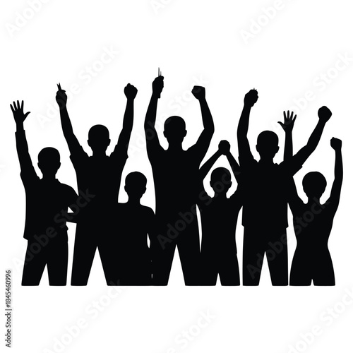 Protesting people silhouette with raised hands and fists black vector illustration demonstrating crowd active social protest movement