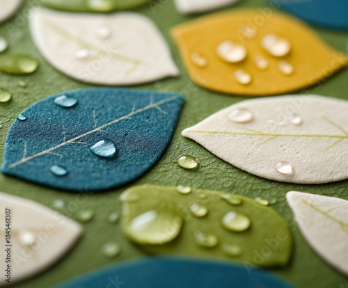 Water droplets on colorful paper leaves create a refreshing autumnal scene