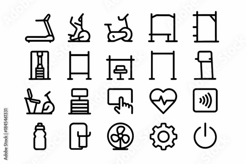 Fitness equipment icons set: treadmill, exercise bike, heart monitor, water bottle