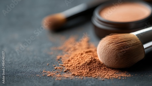 Loose bronzer powder spills near a makeup brush and compact, creating a beautiful, textured scene perfect for beauty or cosmetics advertising