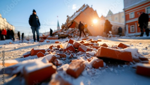 A snowy winter scene shows a collapsed brick building with onlookers and scattered debris in the foreground