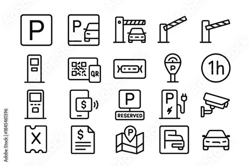 Parking icons collection: signs, gates, meters, payment, electric, security, map