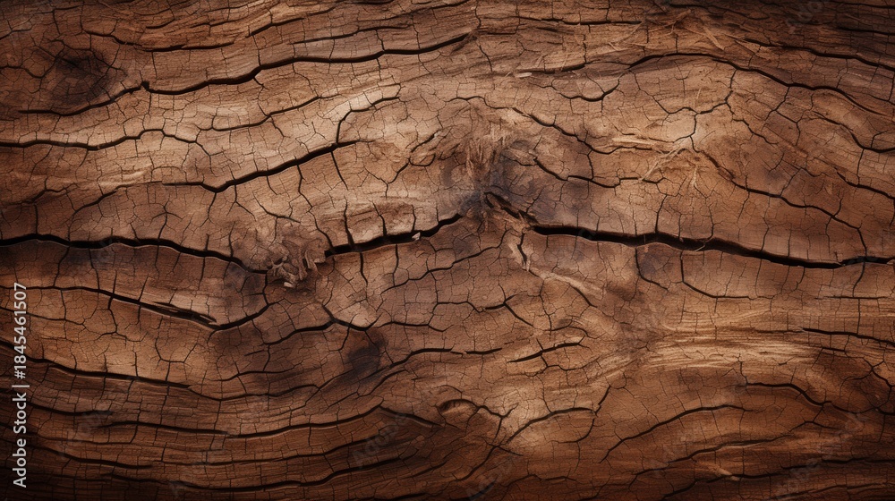Obraz premium A close-up view of weathered wood showcasing deep cracks and a rich, textured surface, highlighting the natural beauty of timber.
