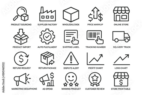 E-commerce and retail icons: product sourcing, shipping, profit analysis