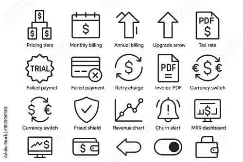 Billing icons: pricing, payment, pdf, currency, alerts, and charts