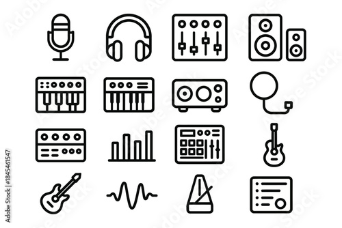 Music equipment icons: microphone, headphones, guitar, synthesizer, speakers, equalizer