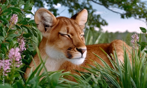 Serene Wild Cat Moments Captured in Nature Surrounded by Lush Greenery and Flowers