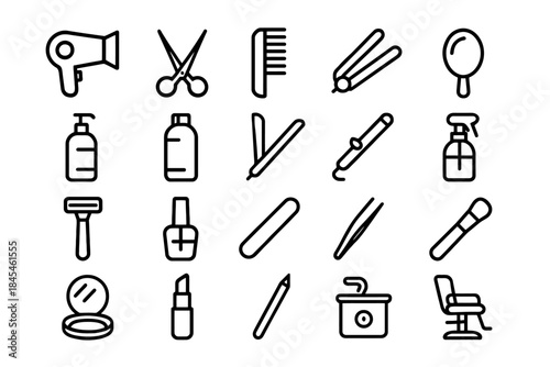 Hairdressing and beauty tools icons: scissors, comb, razor, lipstick, curling iron, mirror, tweezers