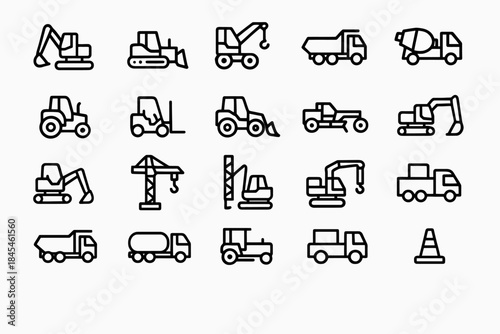 Outline icons of construction vehicles and equipment