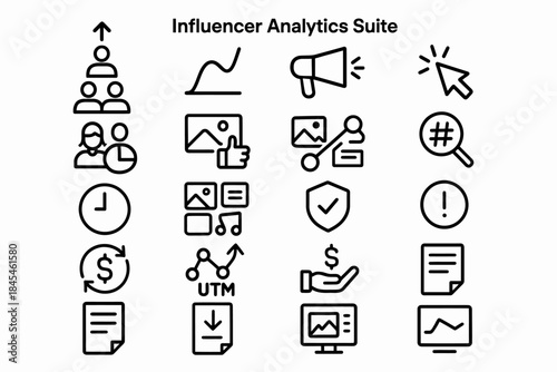 Influencer analytics suite icons for data visualization and social media management
