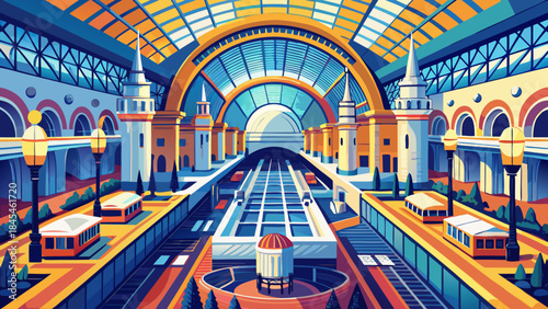 Very beautiful aerial view of Washington DC Union Station Great Hall, showcasing grand historic architecture, geometric symmetry, and elegant interior atmosphere in vector illustration style.