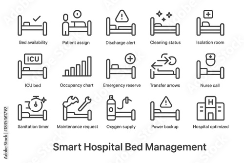 Smart hospital bed management icons: efficiency, monitoring, optimization