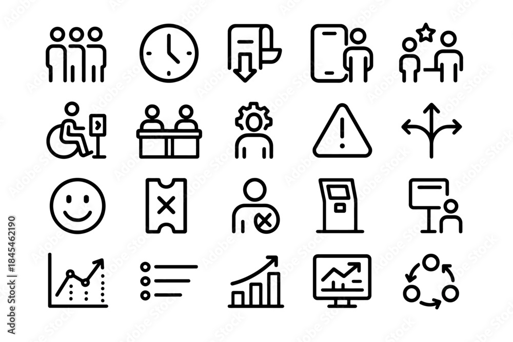 Fototapeta premium Icon set: office, communication, and navigation symbols in line art style