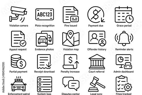 Traffic violation management icons set: camera, payment, appeal, fine, notification