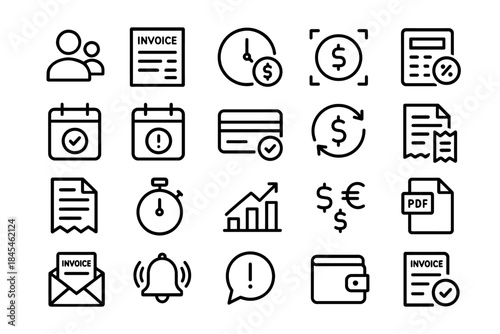Finance and billing icons: invoice, payment, calculator, calendar, wallet, currency, document