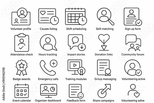 Volunteer icons for digital platforms: profiles, scheduling, community, and skill matching