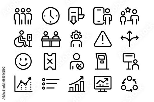 Icon set: office, communication, and navigation symbols in line art style