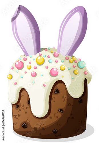 Festive Violet Bunny Ears Kulich Paska Bread Vector Illustration, Chocolate Easter Dessert Cake with Dripping Cream & Sprinkles