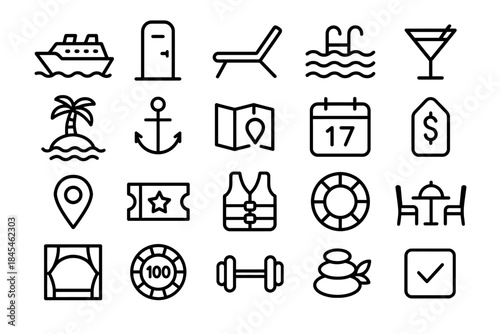 Cruise vacation icon set: ship, pool, anchor, calendar, price tag, cocktail
