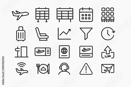 Minimalist airport icons: travel, flights, and check-in symbols