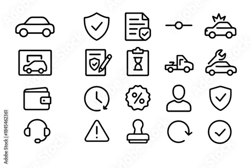 Car insurance and maintenance icons set with vehicle, shield, document, and tools