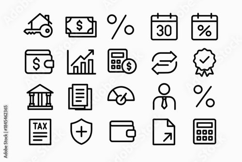 Financial icons: wallet, bank, calculators, tax, exchange, security, calendar, percentage