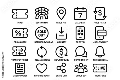 Event icons: ticket, seating, venue, calendar, price, promo, qr, mobile, refund, support
