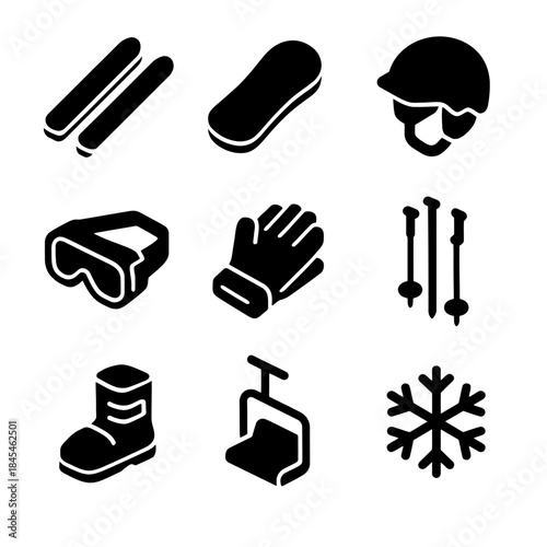 Winter sports icons: skiing and snowboarding equipment silhouettes