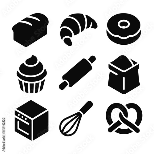 Bakery icons: bread, croissant, donut, cupcake, rolling pin, flour, oven, whisk, pretzel