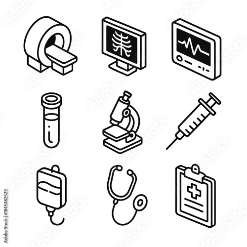 Medical equipment icons set: mri, x-ray, ecg, test tube, microscope, syringe, iv bag, stethoscope, clipboard