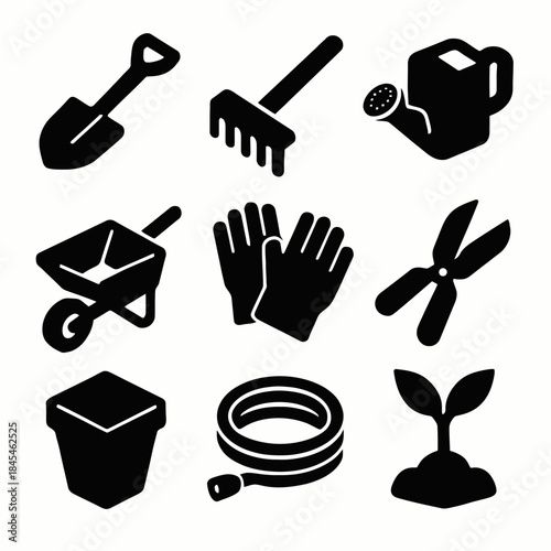Silhouette icons of essential gardening tools and accessories