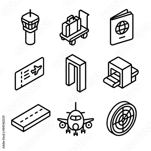 Airport travel icons: passport, luggage, boarding pass, aircraft, security scanner, control tower