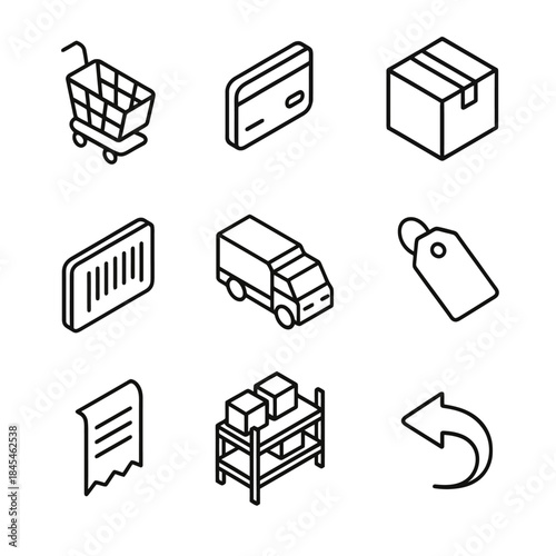 Shopping and delivery icons: cart, credit card, package, barcode, truck, price tag, receipt, warehouse, return