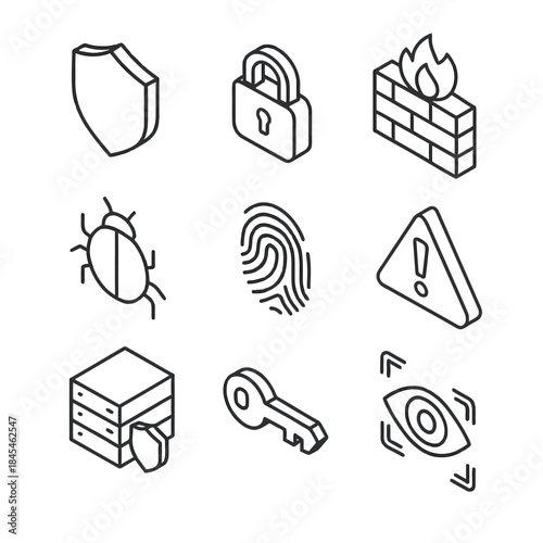 Cybersecurity symbols collection: shield, lock, firewall, bug, fingerprint, alert, server, key, eye