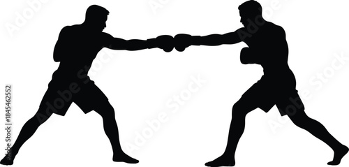 Two boxers fighting silhouette vector illustration, athletes sparring in boxing match, sports competition concept showing strength, action, and determination design