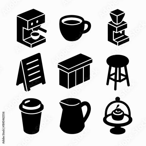 Cafe icons set: espresso machine, coffee cup, grinder, and more