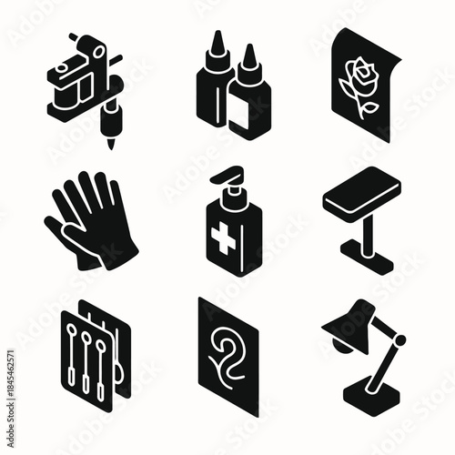 Tattoo equipment icons: machine, ink bottles, design sheet, and tools in black silhouette
