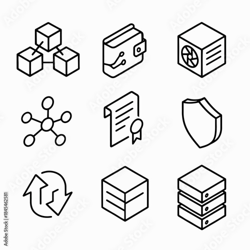 Blockchain network and cryptocurrency icons: wallet, nodes, shield, upgrade, cooling system